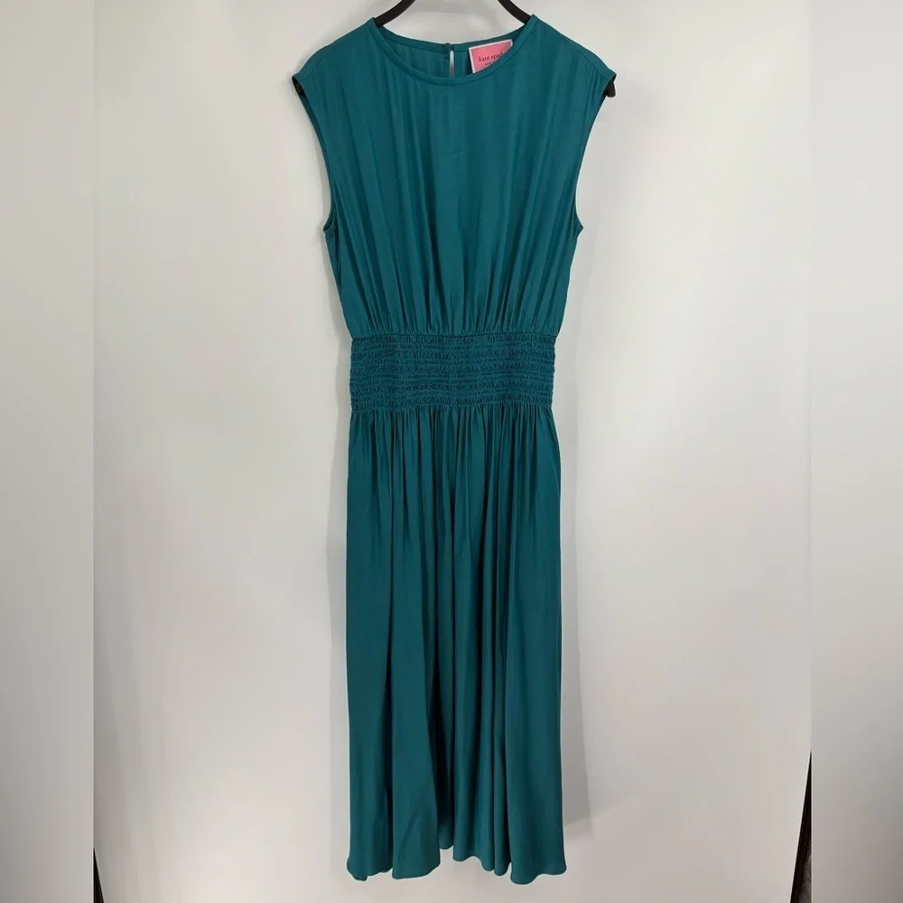 KATE SPADE Silk-blend Twill Smocked-waist Dress In Dark dress size small NWT